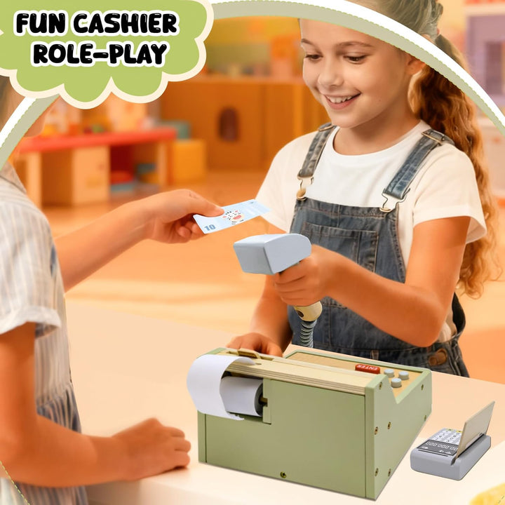 Holz Kaufladen Kasse mit Scanner, Zahlungsterminal, Spielgeld, Rollenspiel Zubehör für Kinder ab 3 J