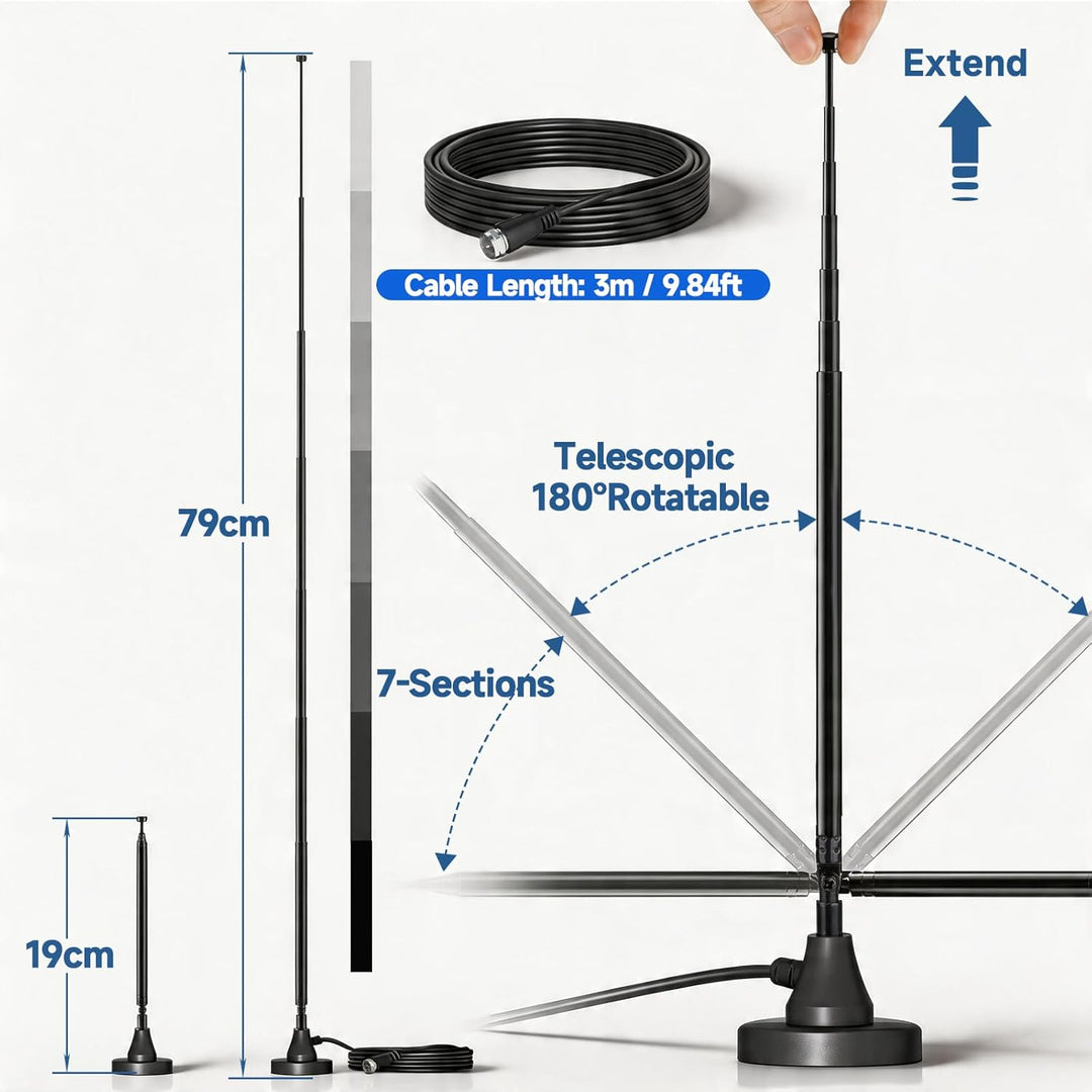 Bingfu DAB+ FM UKW Radio Antenne, Digitale Teleskopantenne mit Magnetfuss, 3m Koaxialkabel, Adapters