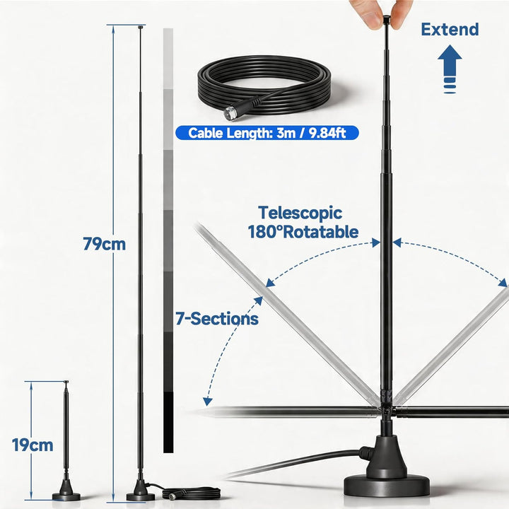 Bingfu DAB+ FM UKW Radio Antenne, Digitale Teleskopantenne mit Magnetfuss, 3m Koaxialkabel, Adapters