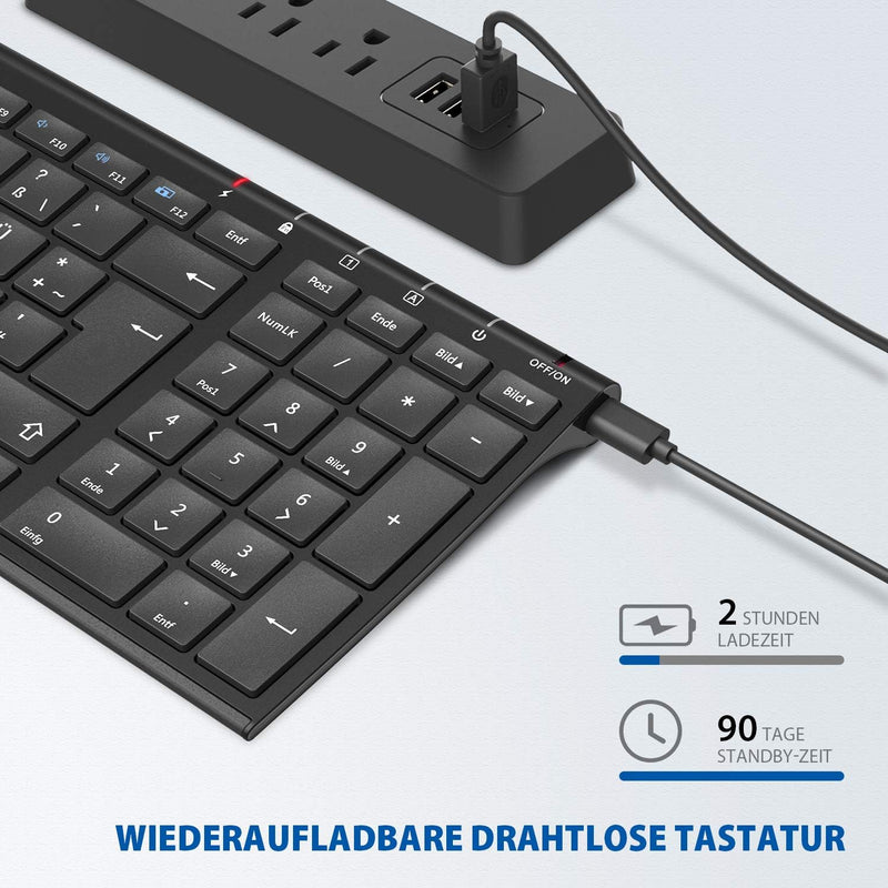 iClever Kabellose Tastatur, wiederaufladbare 2,4 GHz Funk Tastatur, Deutsches QWERTZ Layout, für Com