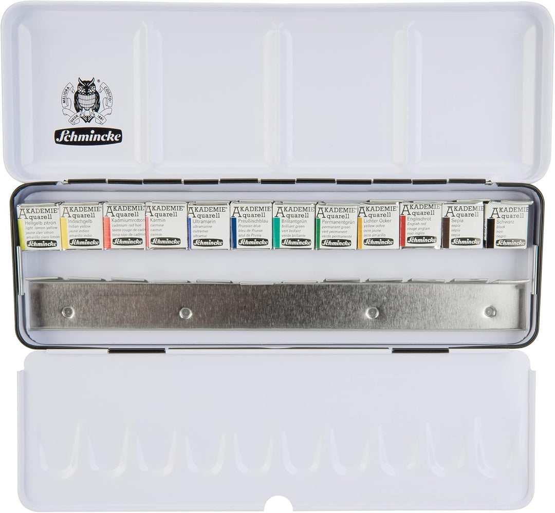 Schmincke – AKADEMIE Aquarell Farbkasten, Grundsortiment 12 x 1/2 Näpfchen + Leerschiene für weitere
