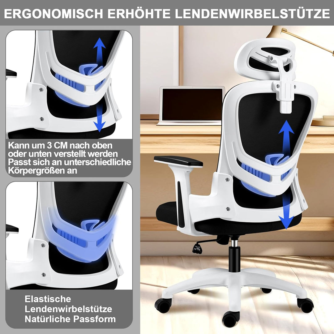 LEVIPE Ergonomischer Bürostuhl mit Lendenwirbelstütze, verstellbare Rückenlehne und Kopfstütze, vers