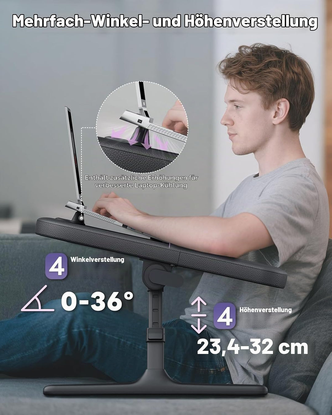 SAIJI Laptop Ständer für Bett und Sofa, Höhen und Neigungsverstellbarer Laptop Tisch mit Weichen Arm