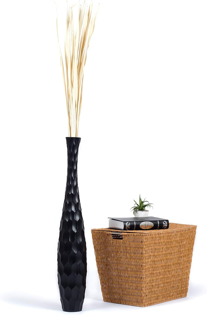 Leewadee Grosse Bodenvase für Dekozweige hohe Standvase Design Holzvase, Holz, 90 cm, Schwarz 90 cm