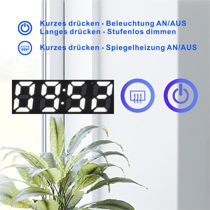 AQUABATOS® 120x60 cm LED Badspiegel mit Beleuchtung Badezimmerspiegel Digital Uhr Aluminiumrahmen Sc
