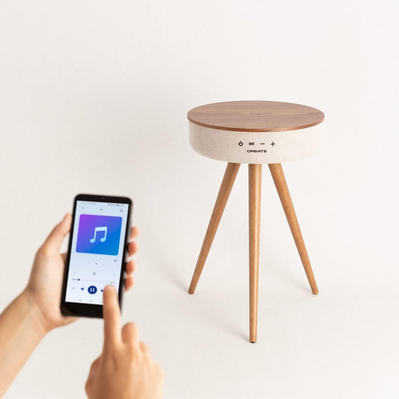 CREATE / Speaker Tisch/Tisch Lautsprecher aus dunklem Holz/Bluetooth und kabellosem Smartphone-Ladeg