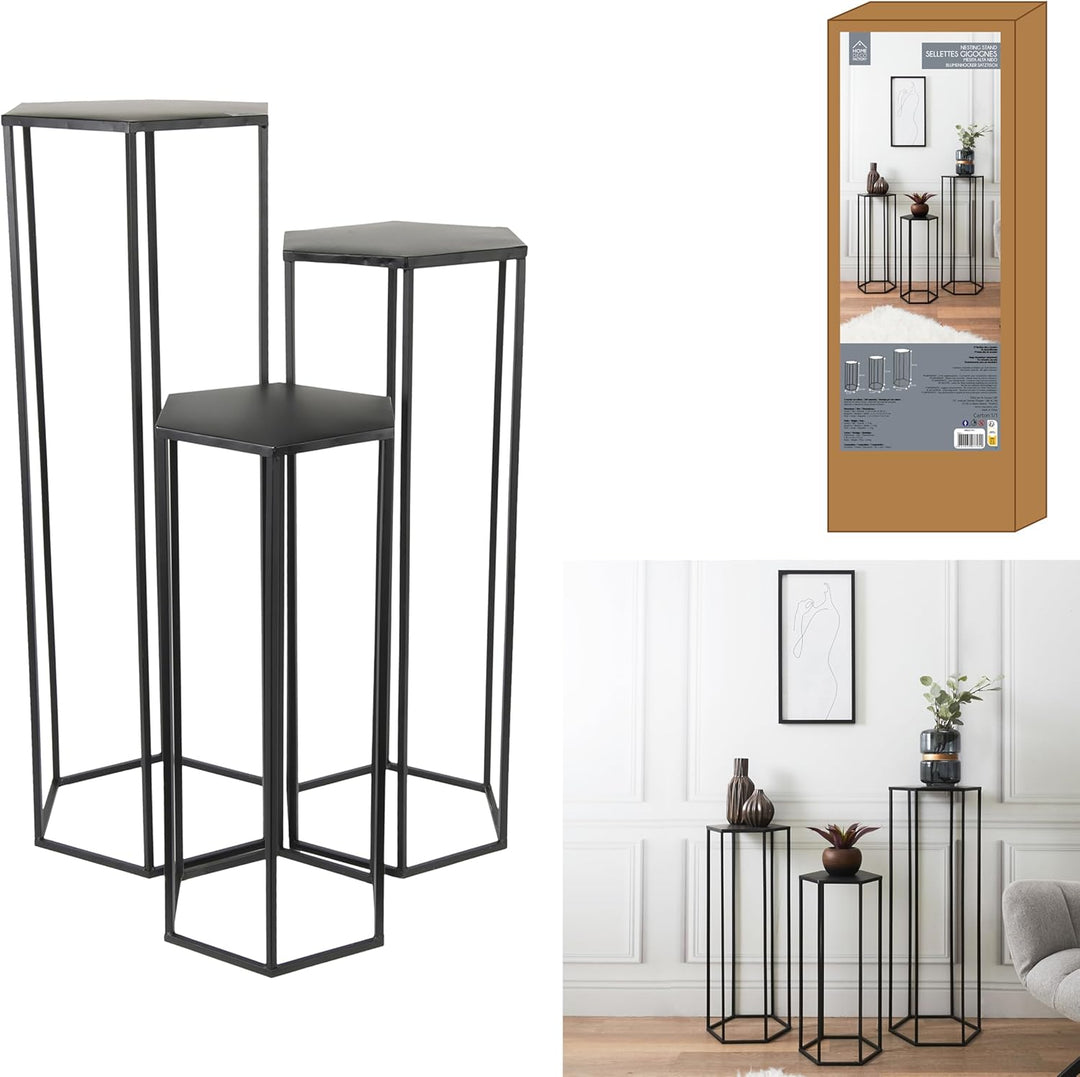 HOME DECO FACTORY Gigogne X3 Metall Schwarz Tisch Konsole Sellette Möbel Eingangsbereich, 60x30x26 c