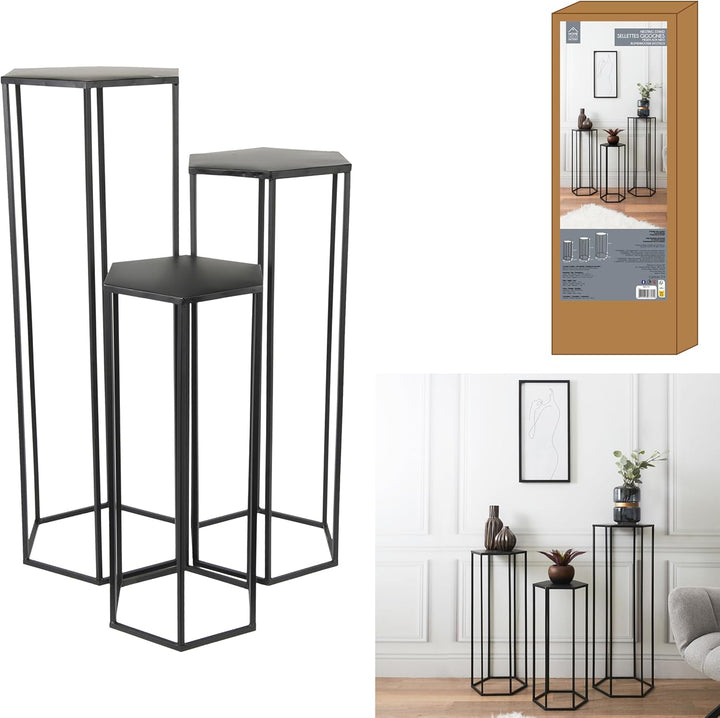 HOME DECO FACTORY Gigogne X3 Metall Schwarz Tisch Konsole Sellette Möbel Eingangsbereich, 60x30x26 c