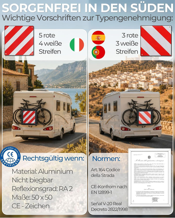 PLANGER® - Warntafel Italien und Spanien + Tasche 2in1 (50 x 50 cm) - Reflektierendes Warnschild rot