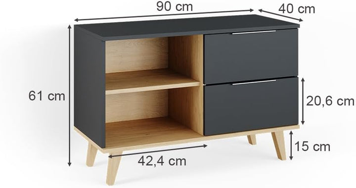 Vicco Lowboard Neptune, Anthrazit/Buche, 90 x 61 cm Mittel, Mittel