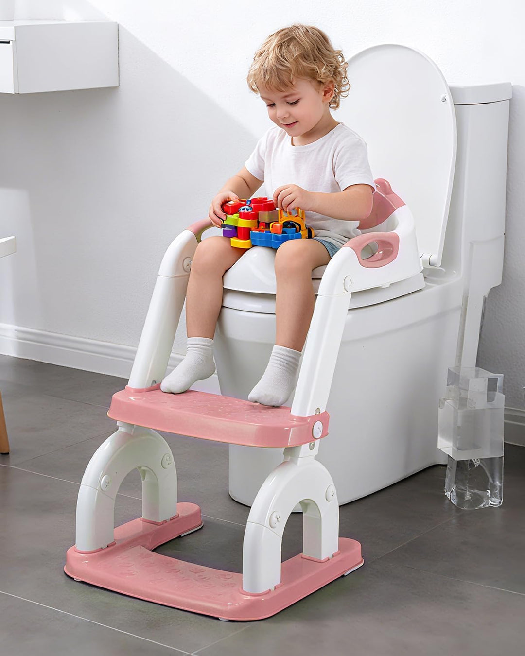 Toilettensitz Kinder mit Treppe,2in1 Höhenverstellbar Faltbarer Toilettensitz Kinder mit Gepolsterte