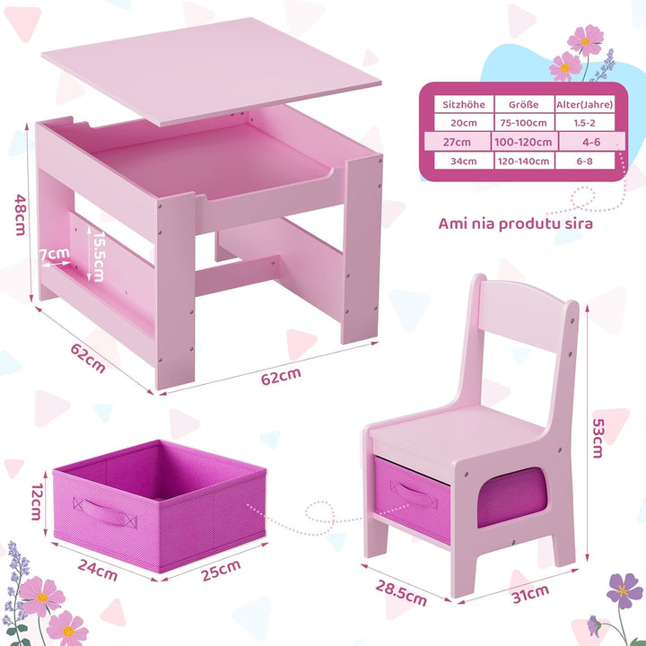 MAMIZO Kindertisch mit 2 Stühlen, 3 in 1 Kinder Tisch Stuhl Set, Kindermöbel Set aus Holz mit Staura