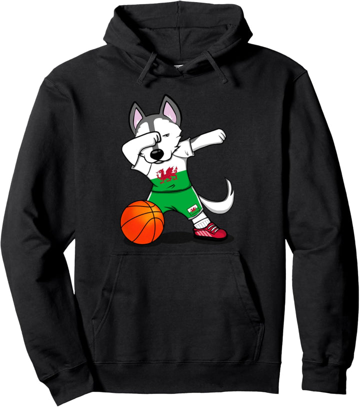 Dabbing Husky Hund Wales Basketball Mannschaft Flagge Sport Pullover Hoodie