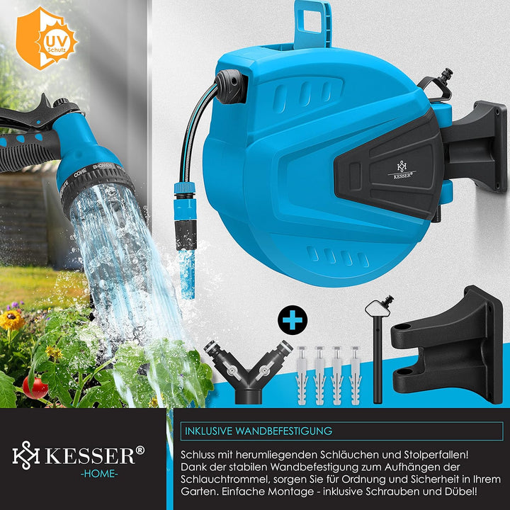 KESSER® Schlauchtrommel Wasser 20+2m Schlauchaufroller Inkl. 2-Wege-Verteiler + Multi-Handbrause Was