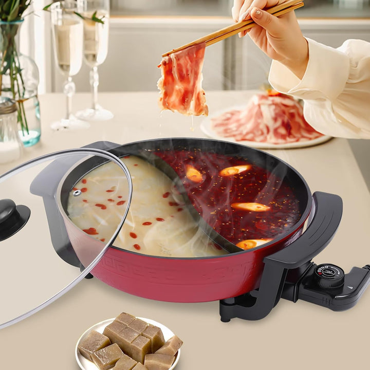 Elektrisch Hotpot Topf Chinesischer Hotpot mit Trennwand,Heizsockel und Deckel 6L 1360W für 6-8 Pers