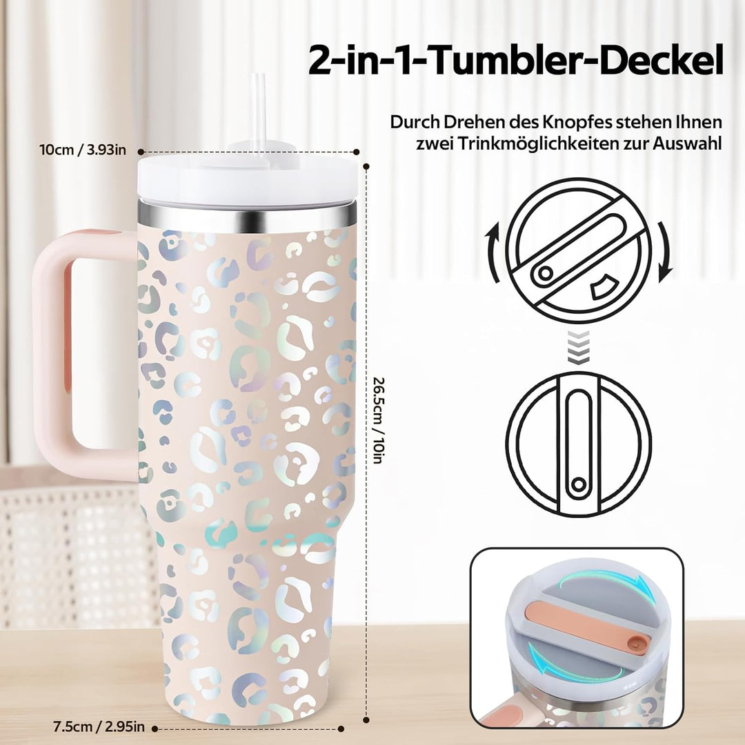 40oz Thermobecher mit Strohhalm und Henkel, Aufgewertet Doppelwandiger Edelstahl Heisse Kalte Geträn