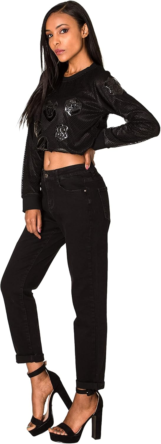 Nina Carter Q1806 Damen Boyfriend Jeanshosen HIGH Waist Used-Look Jeans Waschungseffekt XS Schwarz (