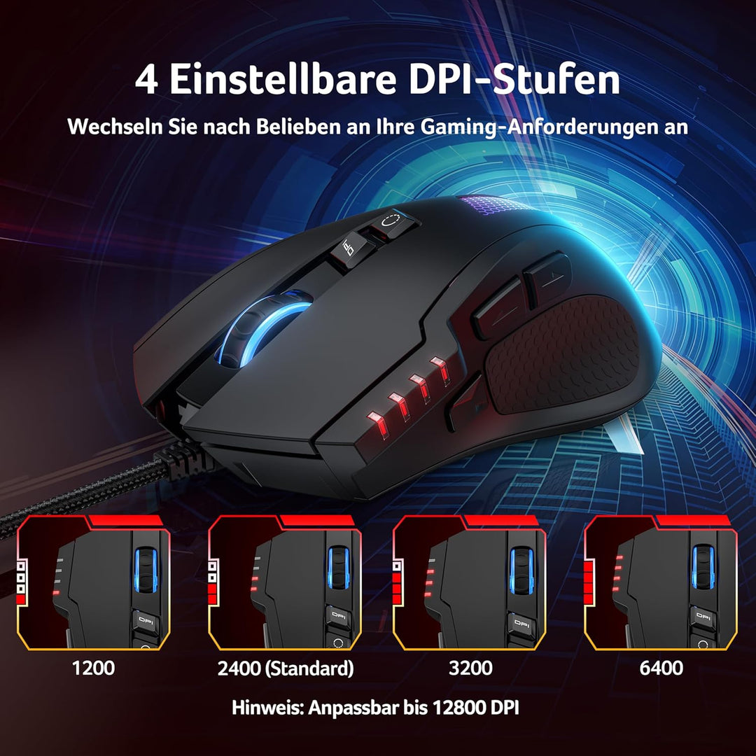acer Gaming Maus mit Kabel 12800 DPI, Wired Computer Mouse Gaming mit Treiber, 1000Hz Abfragerate un