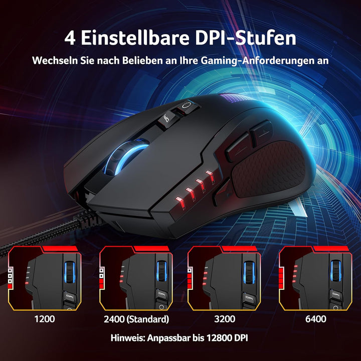acer Gaming Maus mit Kabel 12800 DPI, Wired Computer Mouse Gaming mit Treiber, 1000Hz Abfragerate un