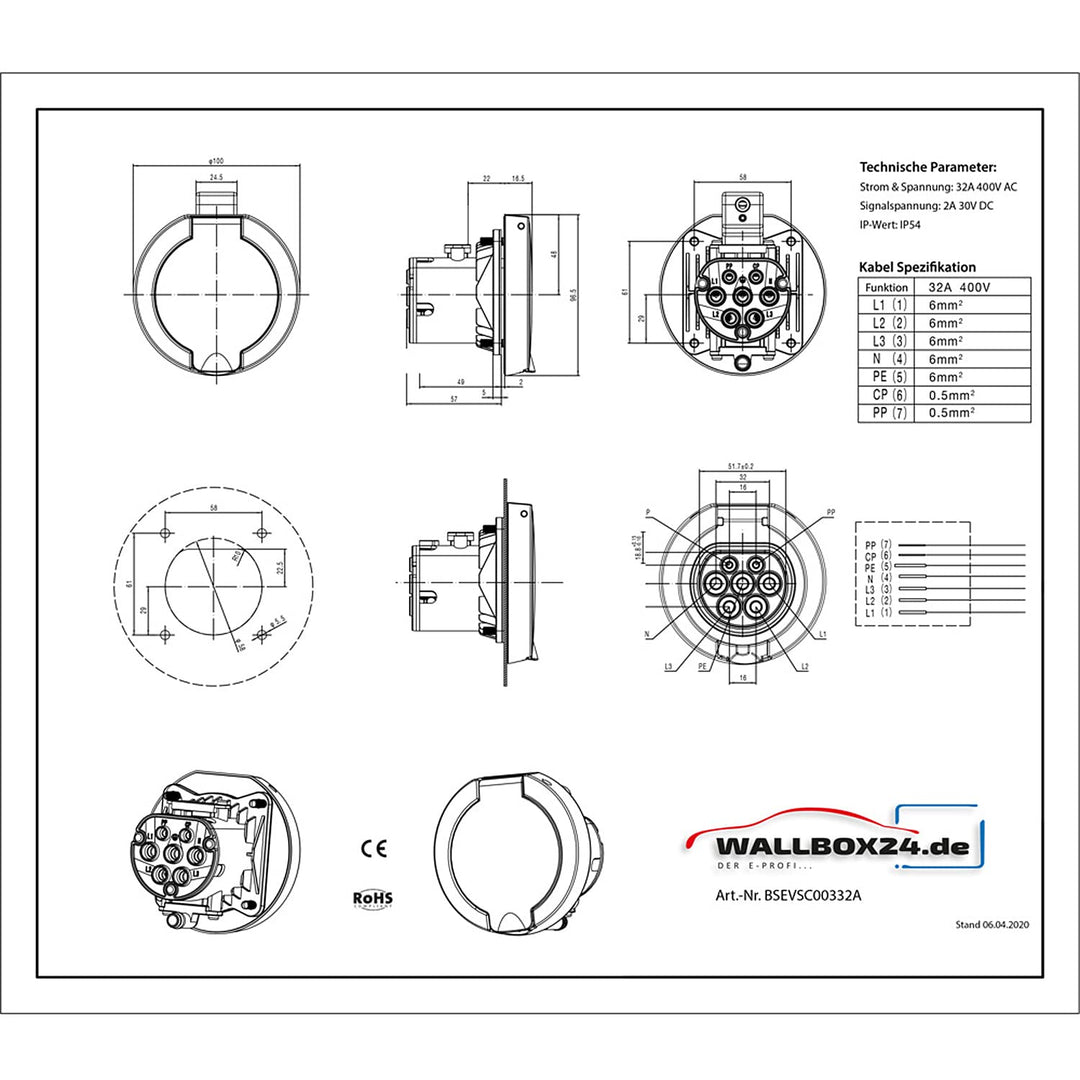 Wallbox24 Aufbau Steckdose IP54 3 Ph 400V 32A Typ 2 Wallbox Ladestation Ersatz Wallbox24