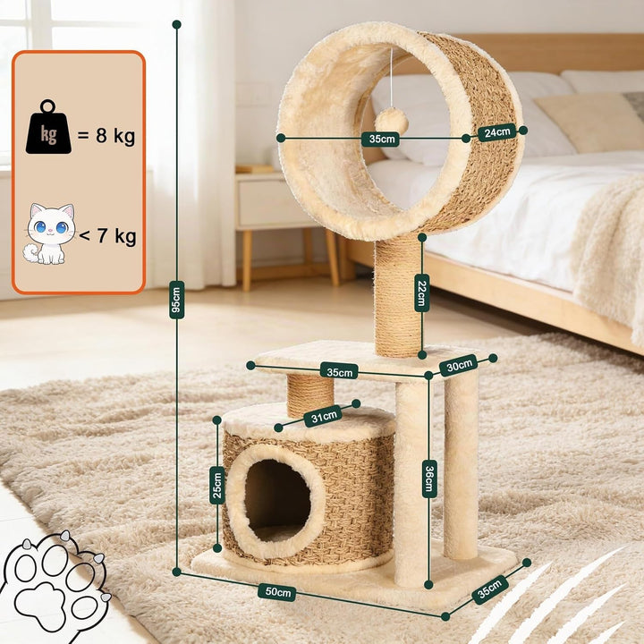 Kratzbaum Modern mit Sisal Kratzsäulen &amp; Handgestrickter Höhle – Stabiler Katzenbaum aus Natürlichem