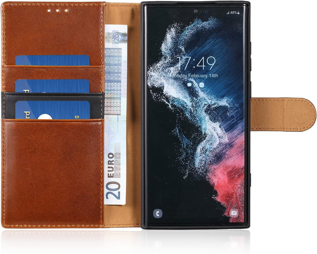 LENSUN Echtleder Hülle für Samsung Galaxy S22 Ultra, Handyhülle [Echtes Leder][Kartenfach][RFID Schu