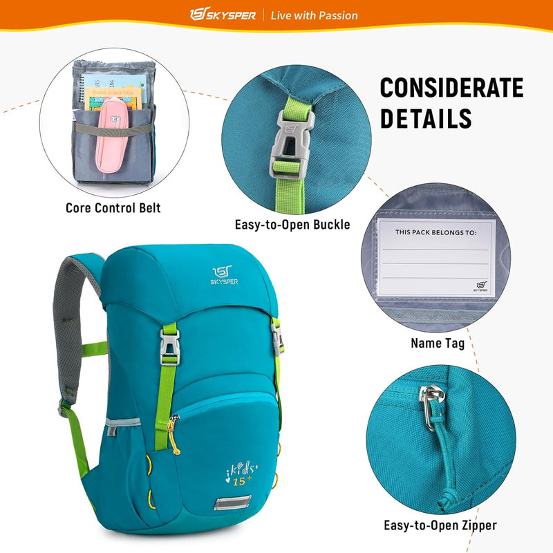 SKYSPER KIDS 15+ Kinderrucksack komfortabler Wanderrucksack Kinder für Jungen & Mädchen Cyan, Cyan