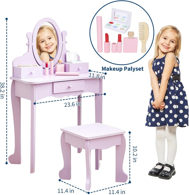 Garvee Prinzessin Schminktisch Set für Kinder aus Holz mit Spiegel & Hocker – Mit Schublade und Stuh