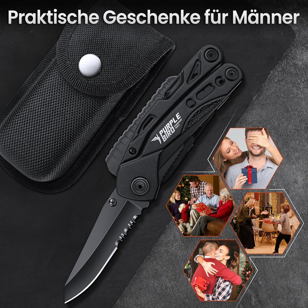 PURPLEBIRD Multitool Werkzeug 16 in 1 Survival Faltbares Gadgets mit Taschenmesser und 9 Bits Multif