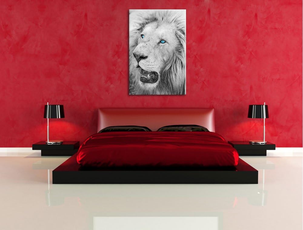 prächtiger weisser Löwe schwarz/weiss auf Leinwand, XXL riesige Bilder fertig gerahmt mit Keilrahmen