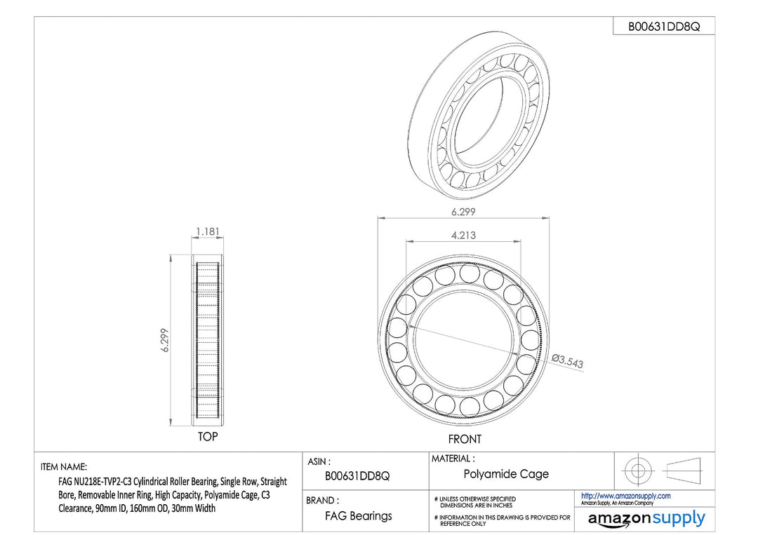 FAG nu218e-tvp2-c3 Zylindrische Roller Bearing, einreihig, gerade Bohrung, abnehmbarer Ring innen, H