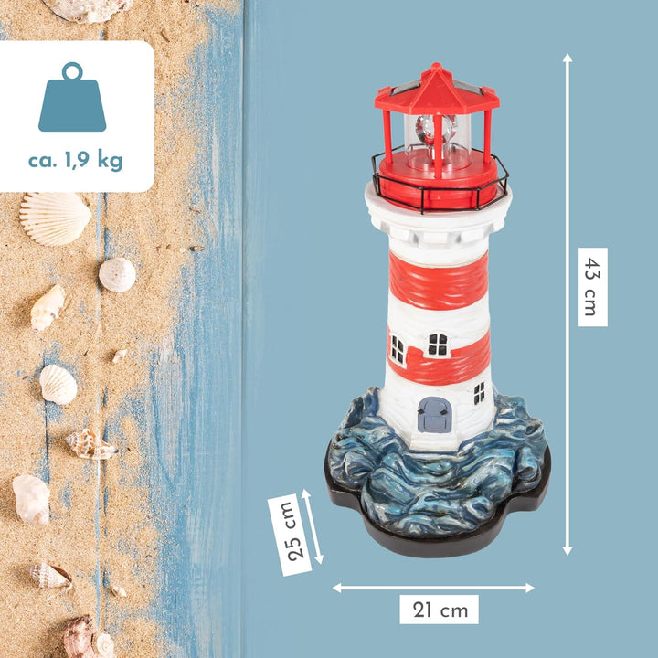 NATIV LEMODO Gartendeko Blauer Leuchtturm mit rotierendem Leuchtfeuer | Handbemalte Gartenfigur mit
