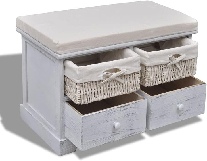 Sitzbank mit 2 Flechtkörben und 2 Holzschubladen für Veranda, Garderobe und Schlafzimmer, Lange Sitz