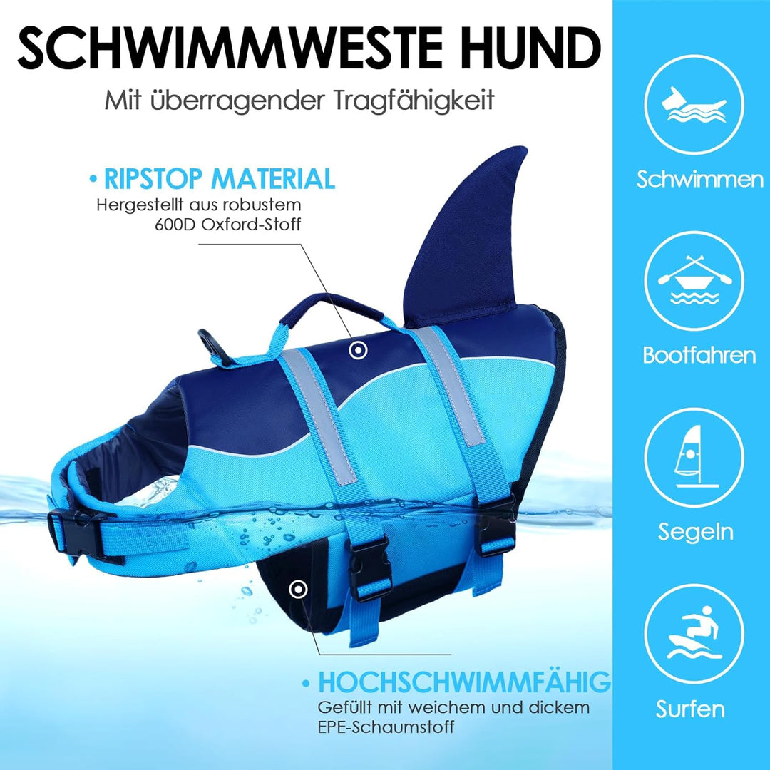 AOFITEE Schwimmweste Hund Mittel, Hoher Auftrieb Hundeschwimmweste Hai, Verstellbar & Ripstop Rettun
