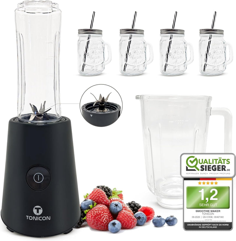 TONICON Smoothie-Maker | 3in1 Mini Mixer | 6-Edelstahl-Messer Blender | 500 Watt Standmixer | Glas-B