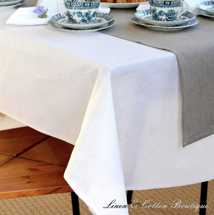 Linen & Cotton Elegante Tischdecke Rund/Oval Amelia - 100% Leinen, Weiss/Weiss (Durchmesser 156cm) T