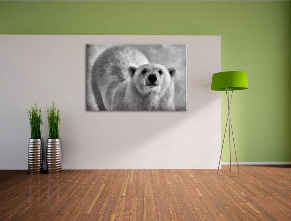 Monocrome, frecher Eisbär, Format: 100x70 auf Leinwand, XXL riesige Bilder fertig gerahmt mit Keilra
