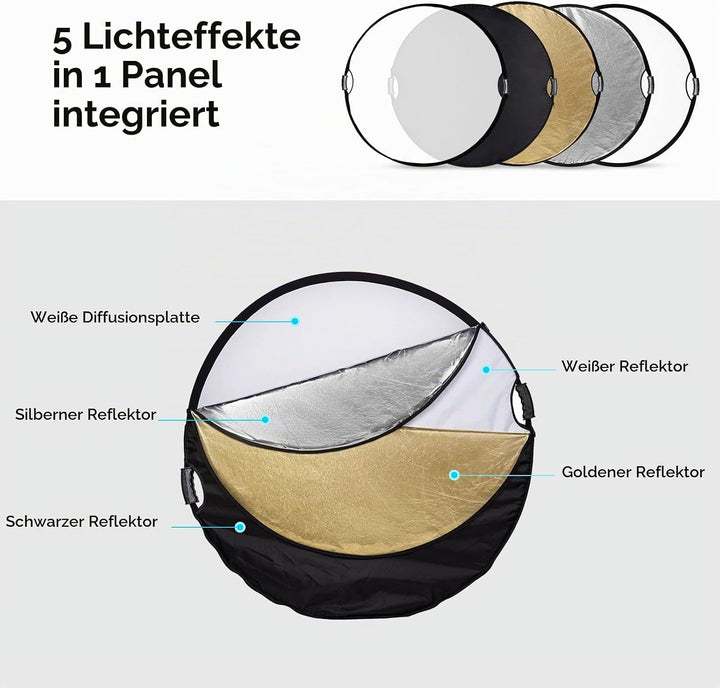 SMALLRIG 5 in 1 Reflektor 110cm 42-Zoll Lichtreflektor, mit Griff, Zusammenklappbarer Fotografie Ref