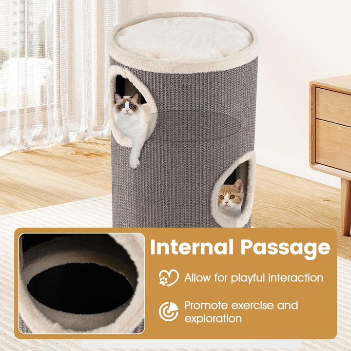 COSTWAY Kratztonne, Ø 36 cm, 70 cm hoch, Katzentonne mit Sisal-Kratzbrett, 3 Katzenhöhlen, Plüschbet