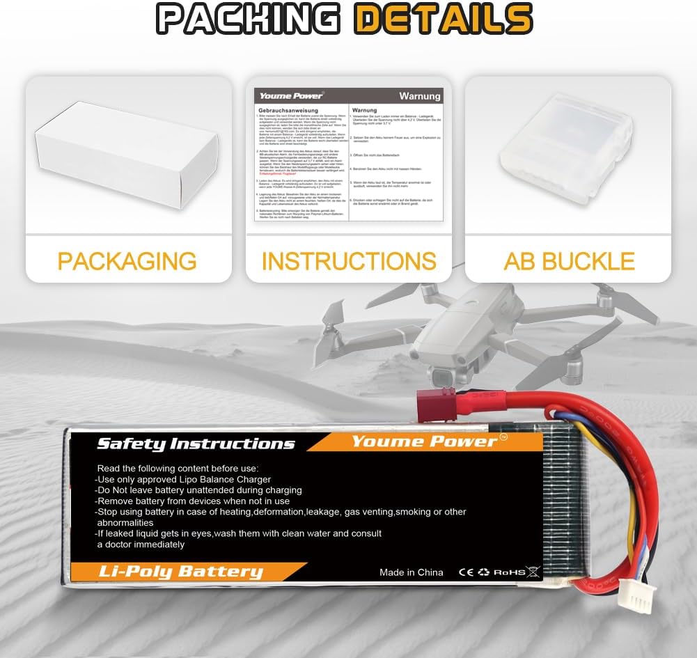Lipo 4S Batterie, 14,8V 3300mAh Lipo Batterie Pack 50C mit T Stecker für RC Hubschrauber Flugzeug Bo