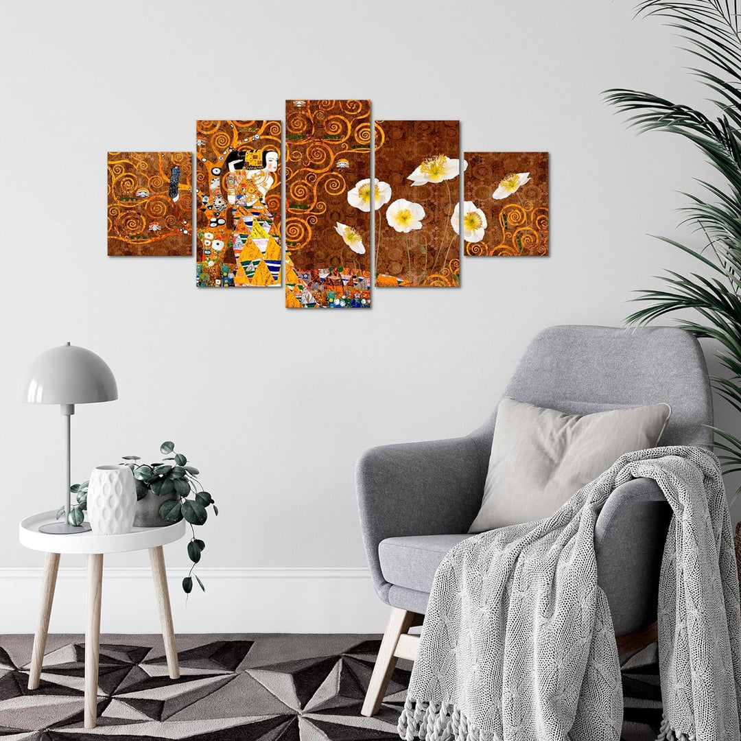 Runa Art Wandbilder Gustav Klimt 5 Teilig Bild auf Vlies Leinwand Deko Wohnzimmer Baum Frau Gold 021