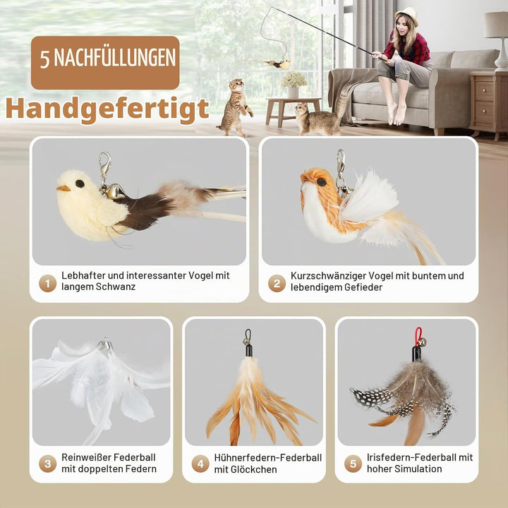 ROSAUI 2X Katzenangel lang, interaktives katzenspielzeug mit 2 Vogel und 3 Federn, Katzen Spielzeug