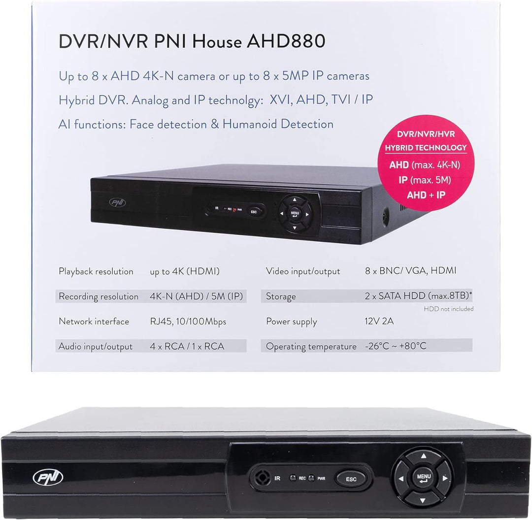 NVR Überwachungssystem Rekorder PNI House AHD880, 8 analoge Kanäle 4K-N oder 8 IP-Kanäle 5MP, H265+,