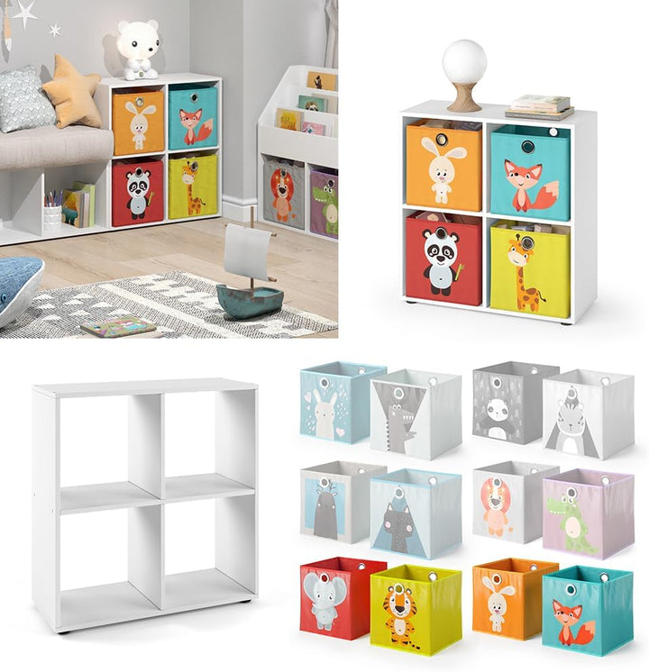 Vicco Kinderregal Tetra, Weiss, 72 x 72.6 cm mit 4 Faltboxen (rot/gelb) Weiss 4 Fächer Faltboxen: ro