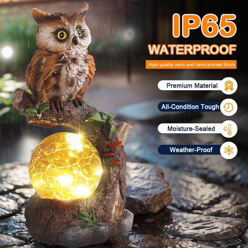 JJALIGHTS Solar-Eulenfigur, Eulen Deko Garten mit Solar Ball wasserdicht für Draussen Balkon Terrass