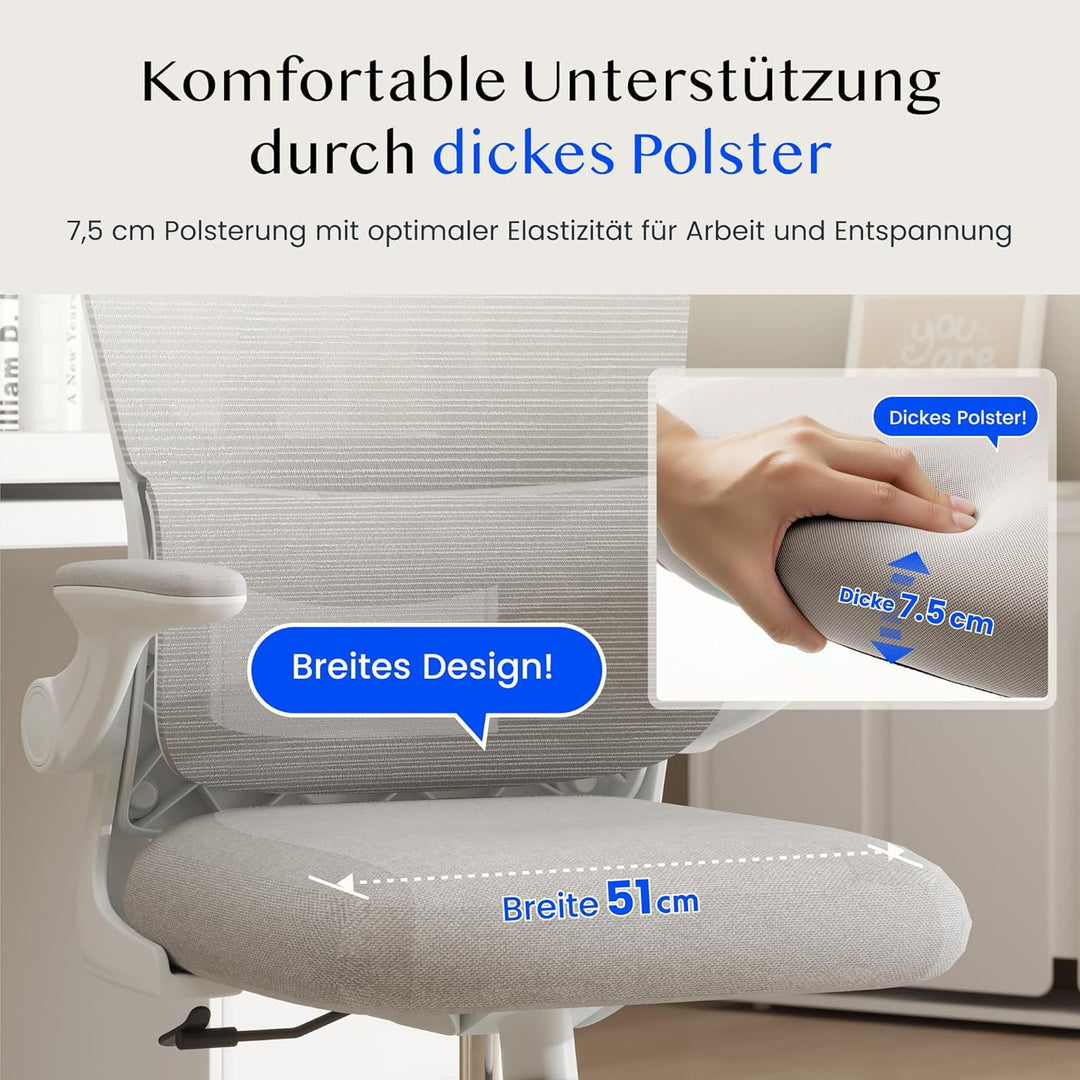 FLEXISPOT Ergonomischer Bürostuhl, Schreibtischstuhl mit 2D-Kopfstütze, Klappbare Armlehnen & Dynami