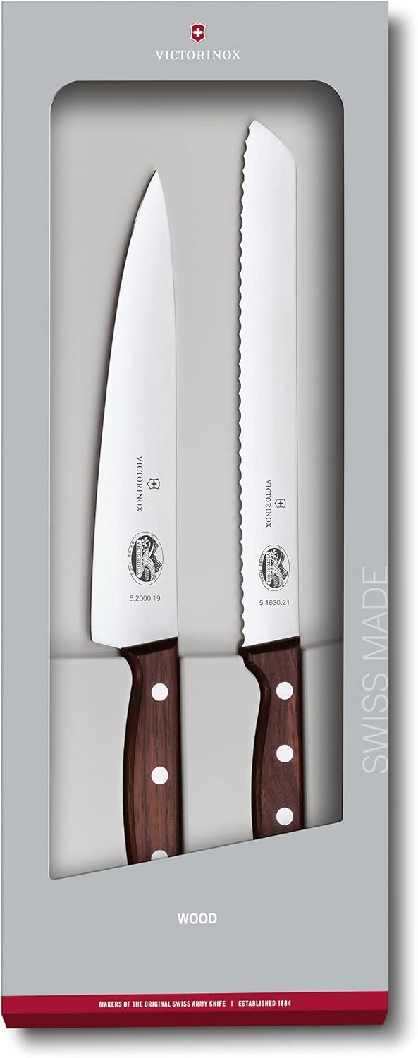 Victorinox Wood Küchengarnitur, Messer Set 2-teilig, Brotmesser, Tranchiermesser, Extra Scharf, Edle