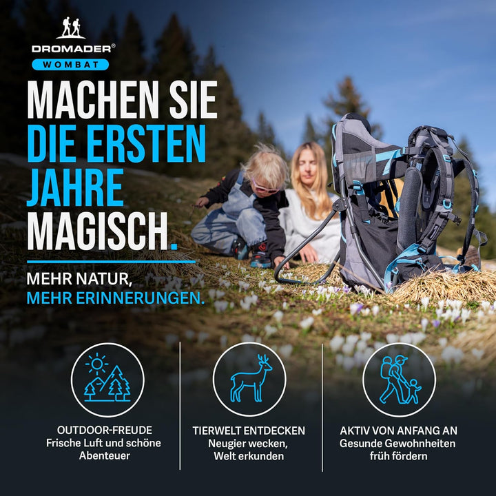 DROMADER Babytrage | Schwarz und Blau | Kinder bis 22kg | Bequem für Eltern | | mit Seitenspiegel |
