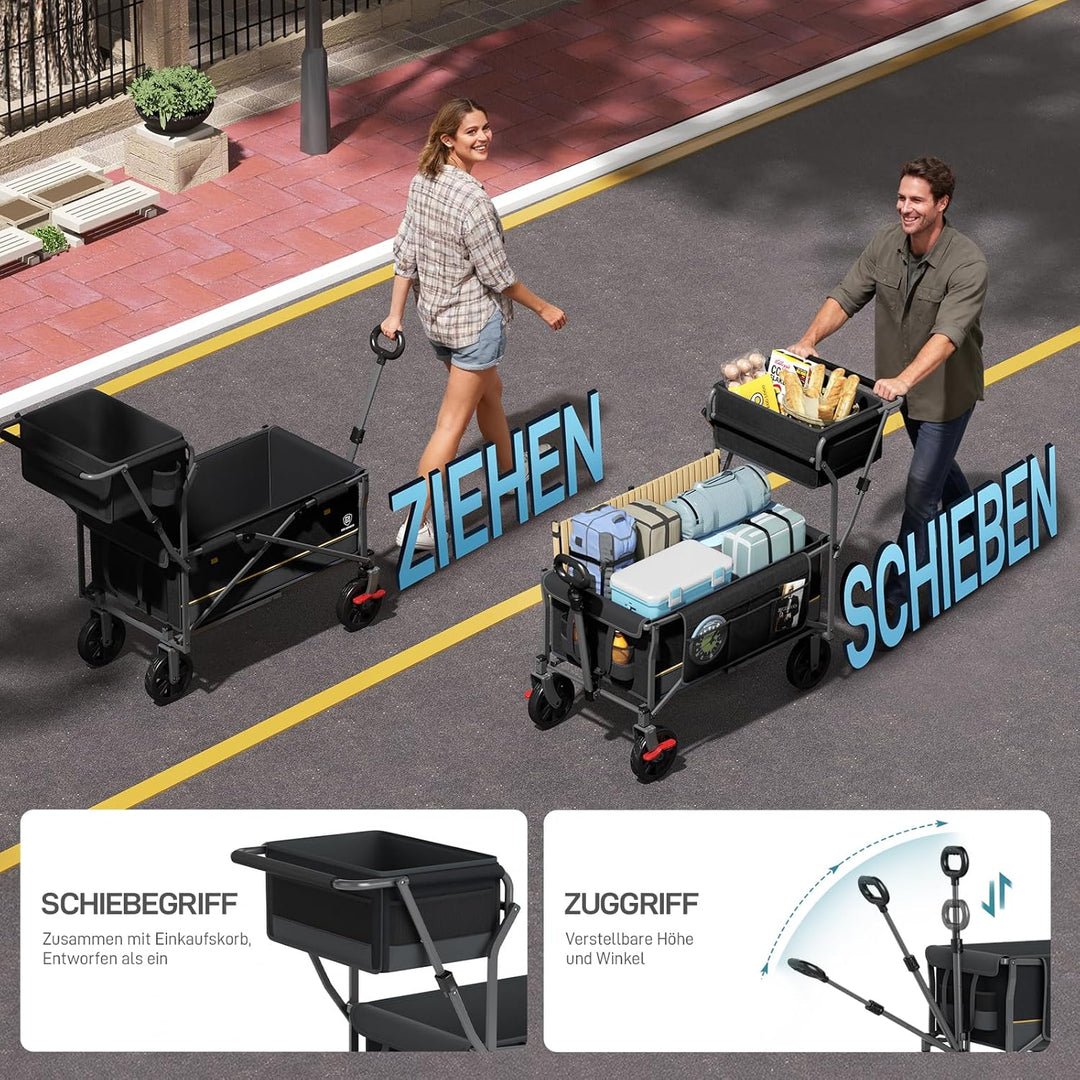 EVER ADVANCED Bollerwagen faltbar schieben&ziehen mit Bremse Einkaufskorb Getränkhalter Seitentasche
