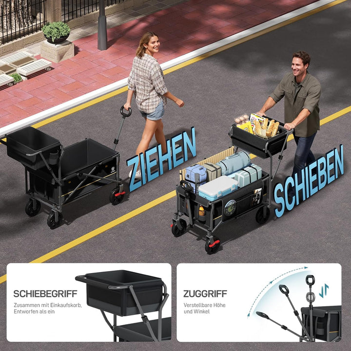 EVER ADVANCED Bollerwagen faltbar schieben&ziehen mit Bremse Einkaufskorb Getränkhalter Seitentasche
